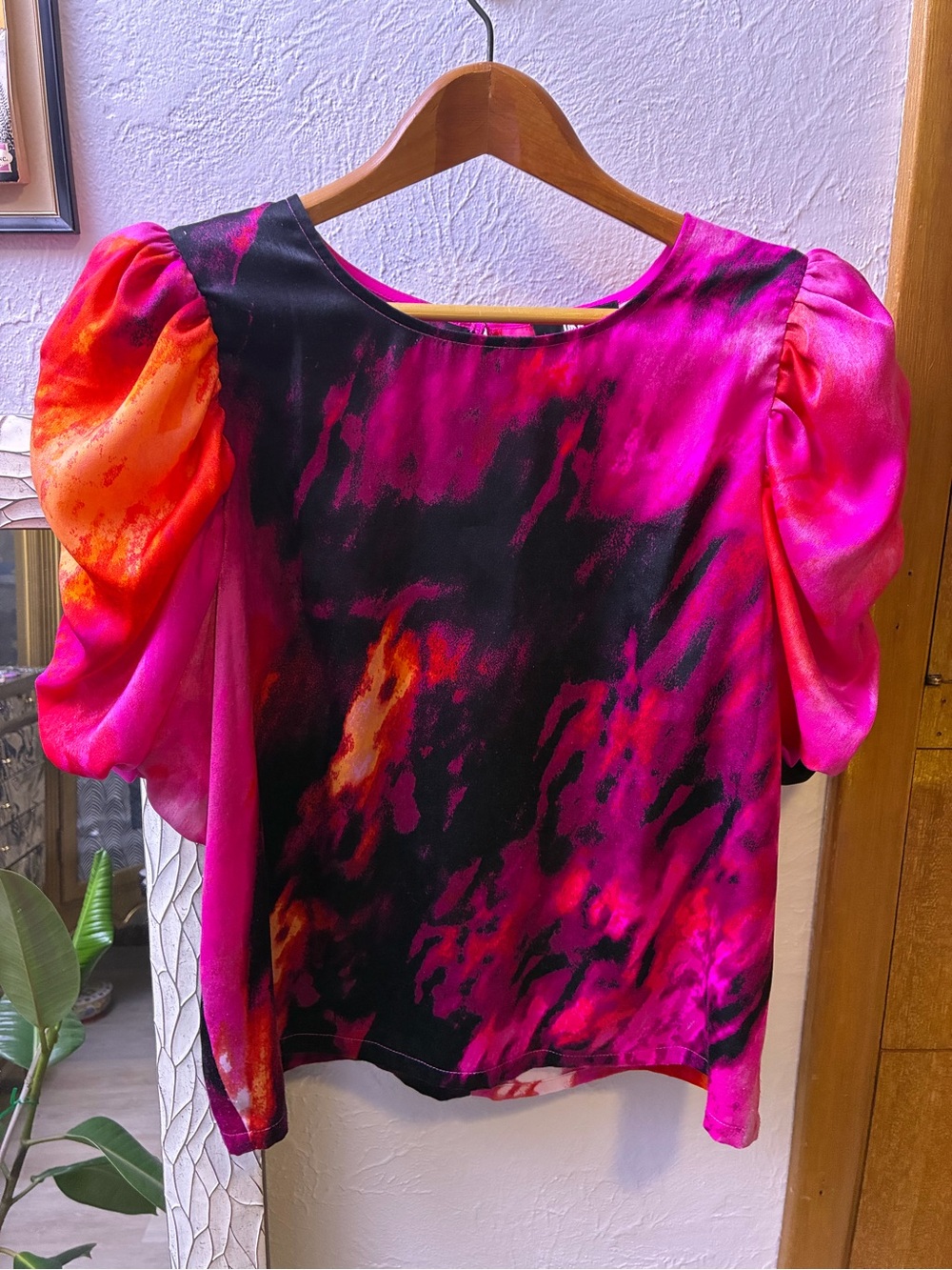 Dkny Pink Black Orange Tie-Dye Puff Sleeve Blouse